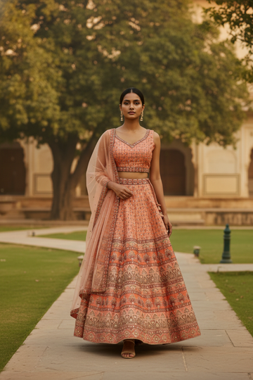 Coral Cotton Silk Lehenga Set And Net Dupatta With Readymade Blouse