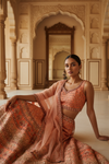 Coral Cotton Silk Lehenga Set And Net Dupatta With Readymade Blouse