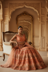 Coral Cotton Silk Lehenga Set And Net Dupatta With Readymade Blouse