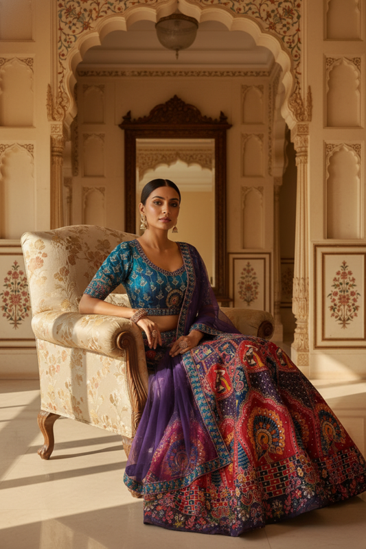 Maroon Cotton Silk Lehenga Set And Net Dupatta With Readymade Blouse
