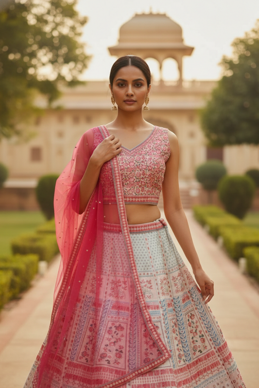 Off White Blue Cotton Silk Lehenga Set And Net Dupatta With Readymade Blouse