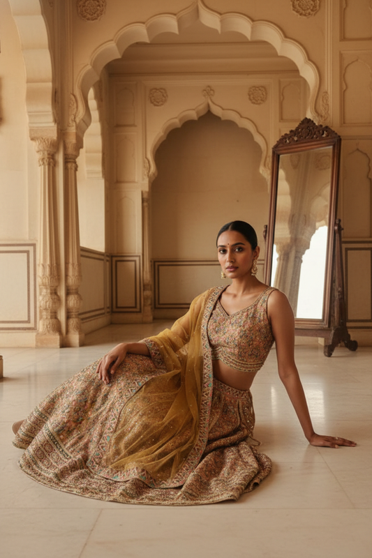 Mustard Cotton Silk Lehenga Set And Net Dupatta With Readymade Blouse