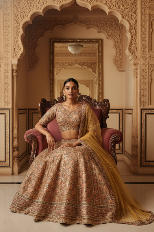 Mustard Cotton Silk Lehenga Set And Net Dupatta With Readymade Blouse