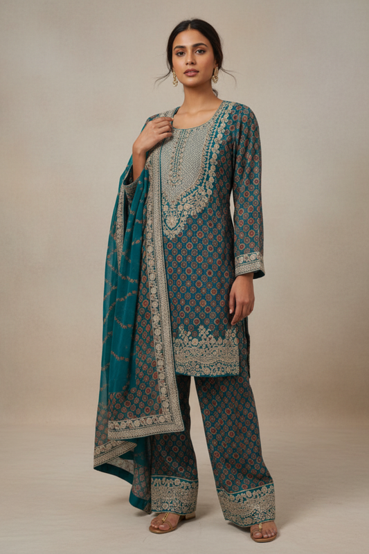 Rama Crepe Readymade Sharara Set With Crepe Dupatta