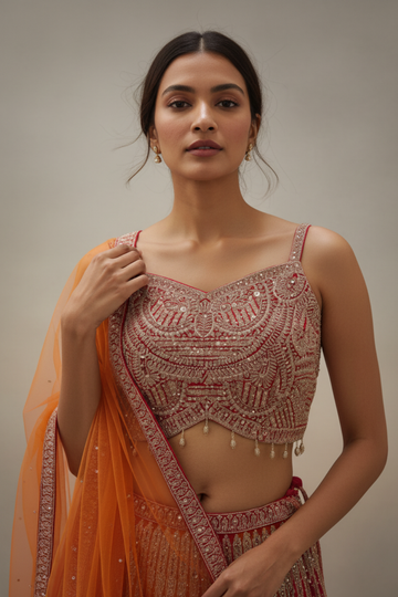 Orange Chinon Readymade Sharara Set With Net Dupatta