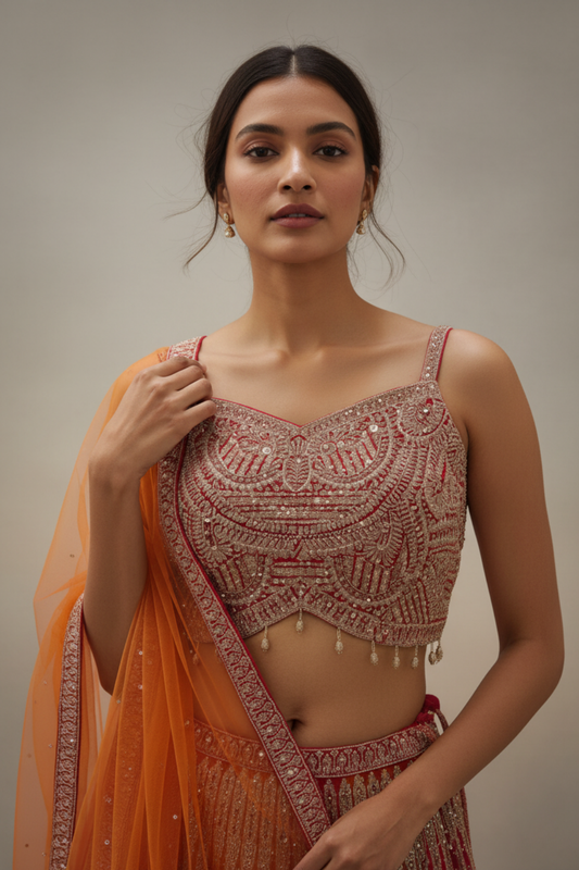 Orange Chinon Readymade Sharara Set With Net Dupatta