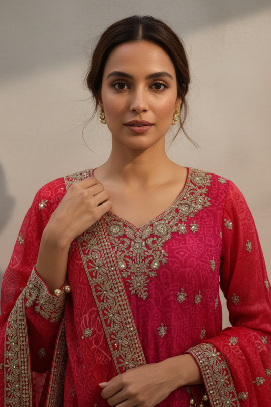 Rani Organza Readymade Suit And Sharara With Organza Dupatta