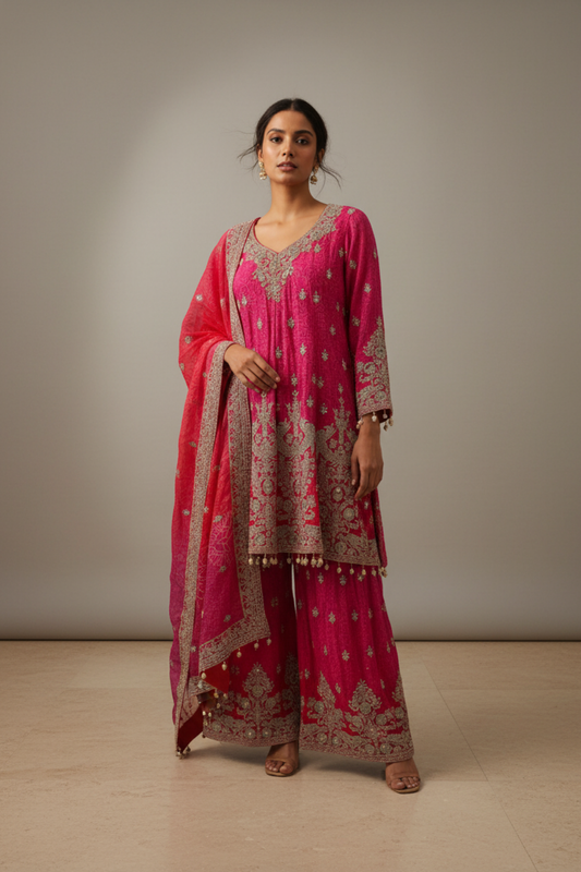 Rani Organza Readymade Suit And Sharara With Organza Dupatta