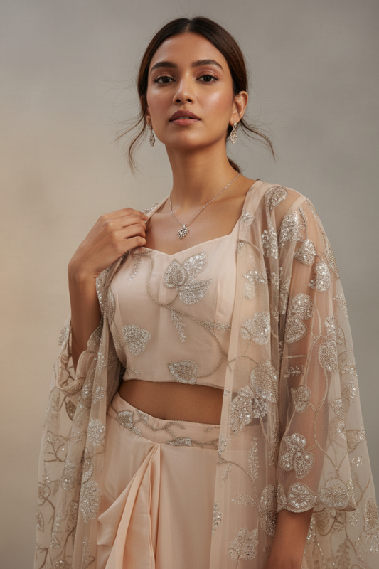 Peach Net Readymade Suit With Dhoti Skirt & Shrug