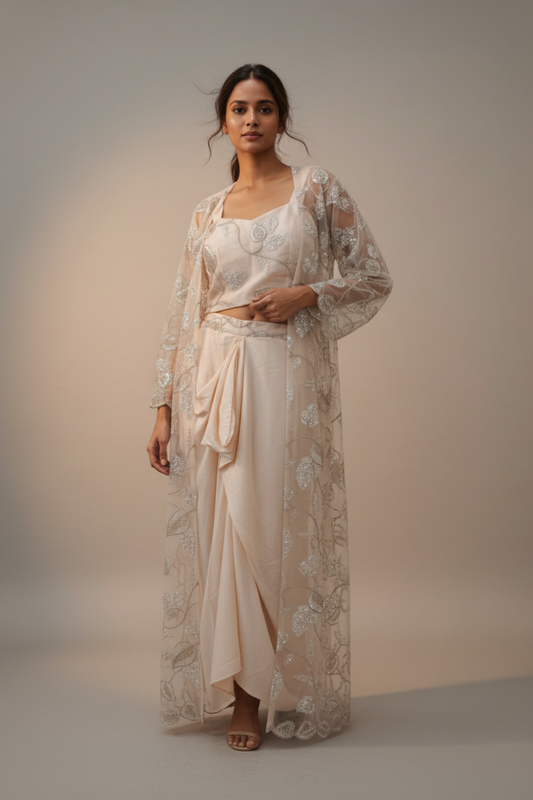 Peach Net Readymade Suit With Dhoti Skirt & Shrug