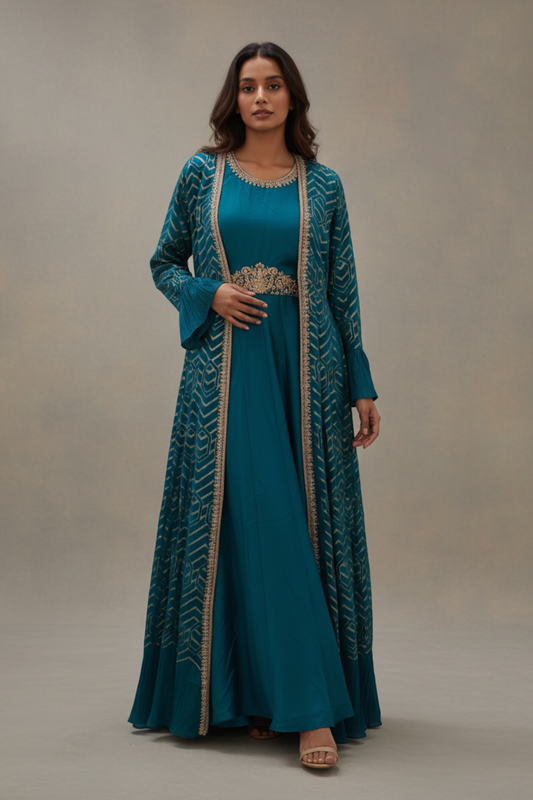 Rama Georgette Floor Length Readymade Suit and Shrug With Net Dupatta