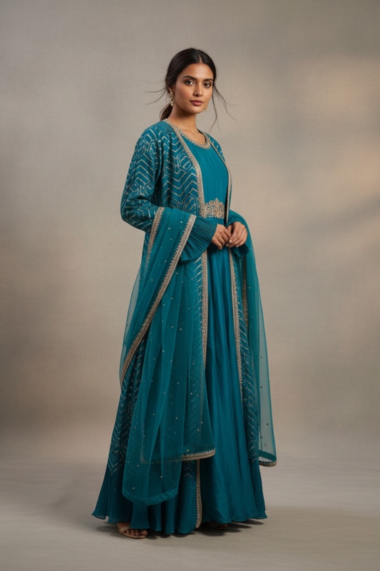 Rama Georgette Floor Length Readymade Suit and Shrug With Net Dupatta