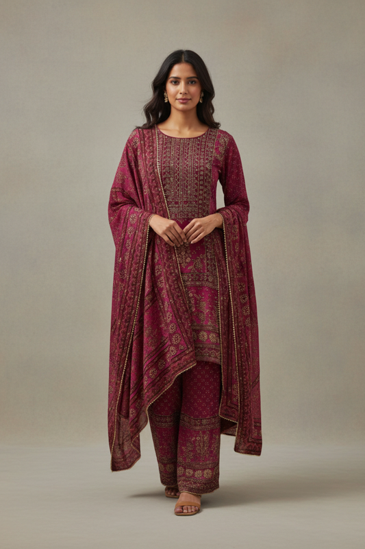 Rani Crepe Readymade Sharara Set With Crepe Dupatta