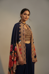 Navi Blue Crepe Readymade Suit With Dhoti Skirt & Shrug