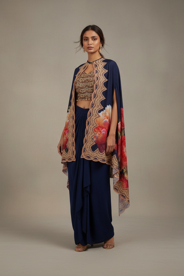 Navi Blue Crepe Readymade Suit With Dhoti Skirt & Shrug