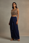 Navi Blue Crepe Readymade Suit With Dhoti Skirt & Shrug