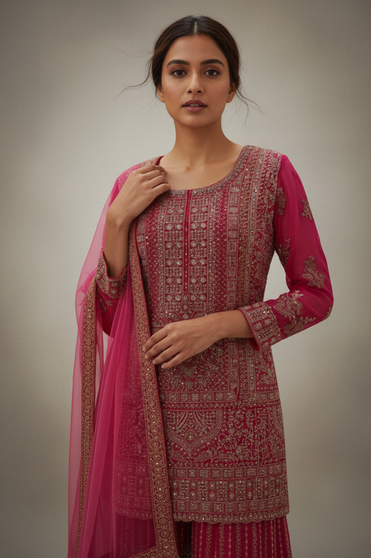 Rani Georgette Readymade Sharara Set With Net Dupatta