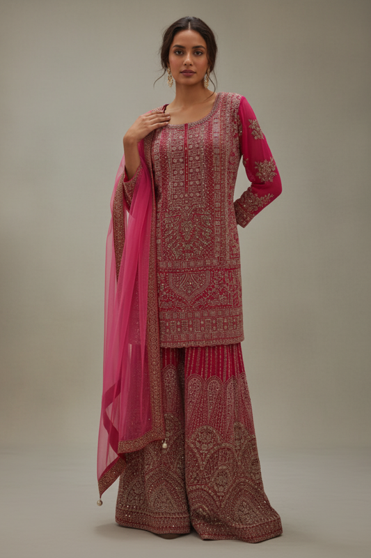 Rani Georgette Readymade Sharara Set With Net Dupatta