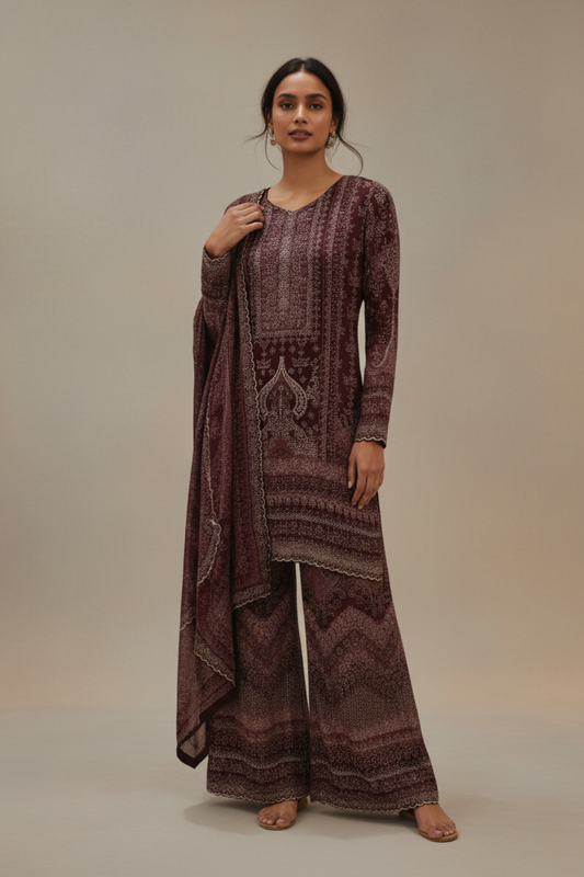 Garnet Crepe Readymade Sharara Set With Crepe Dupatta