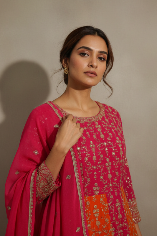 Rani Georgette Floor Length Readymade Suit With Georgette Dupatta