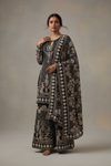 Black Crepe Readymade Suit And Sharara With Crepe Dupatta