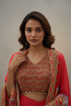 Coral Crepe Readymade Suit With Dhoti Skirt & Shrug