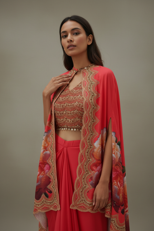 Coral Crepe Readymade Suit With Dhoti Skirt & Shrug