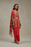 Coral Crepe Readymade Suit With Dhoti Skirt & Shrug