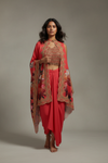 Coral Crepe Readymade Suit With Dhoti Skirt & Shrug