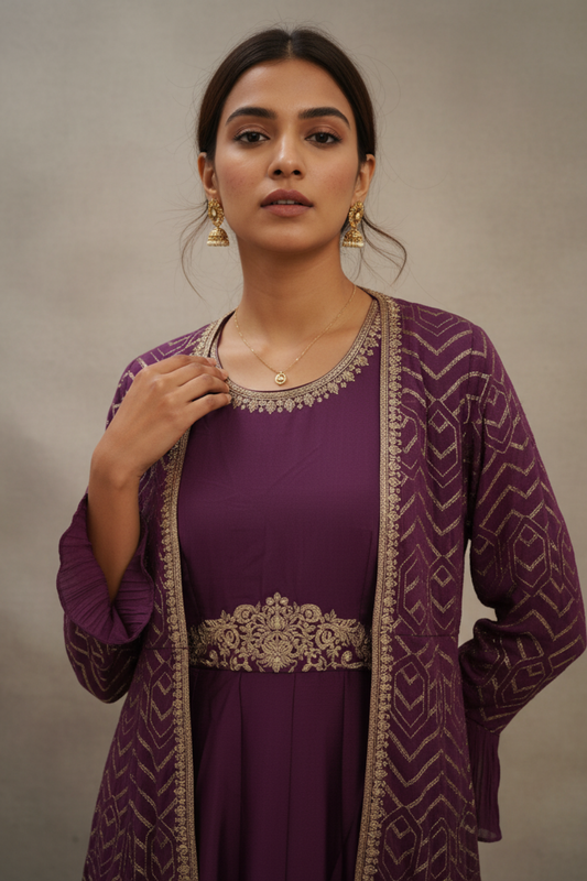 Wine Georgette Floor Length Readymade Suit and Shrug With Net Dupatta