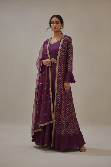 Wine Georgette Floor Length Readymade Suit and Shrug With Net Dupatta