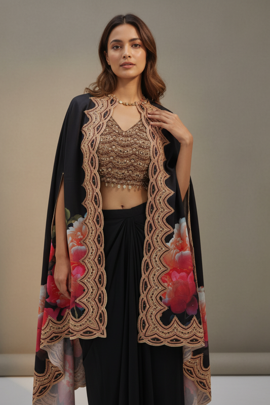 Black Crepe Readymade Suit With Dhoti Skirt & Shrug