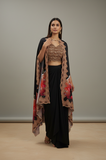 Black Crepe Readymade Suit With Dhoti Skirt & Shrug