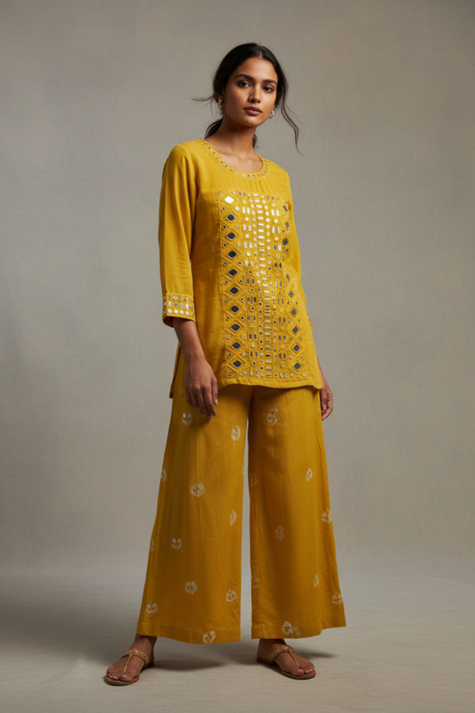 Mango Gold Dola Readymade Suit With Palazzo Pant