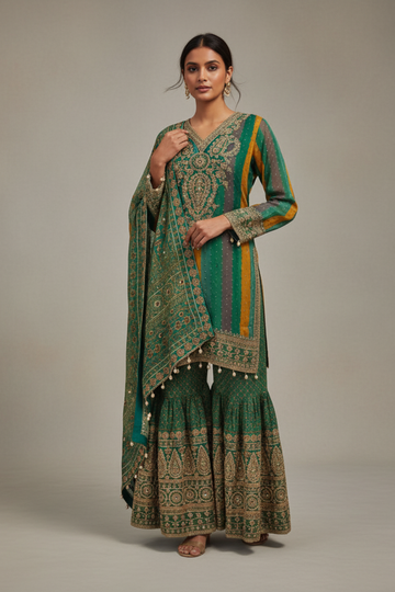 Rama Crepe Readymade Sharara Set With Crepe Dupatta