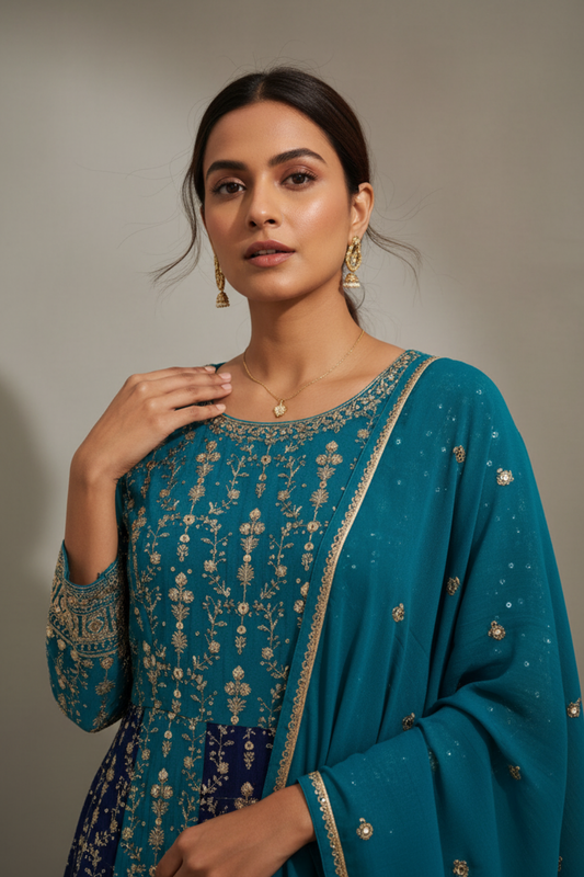 Rama Georgette Floor Length Readymade Suit With Georgette Dupatta