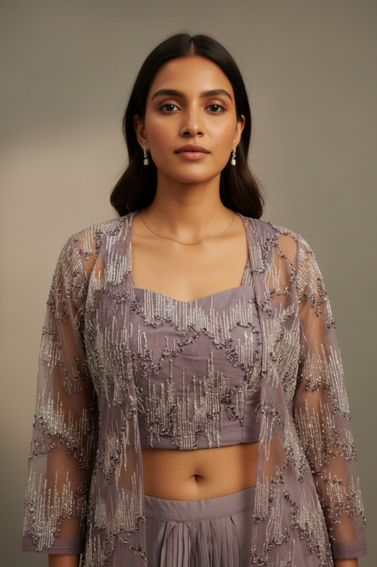 Mauve Net Readymade Suit With Dhoti Skirt & Shrug