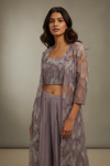Mauve Net Readymade Suit With Dhoti Skirt & Shrug