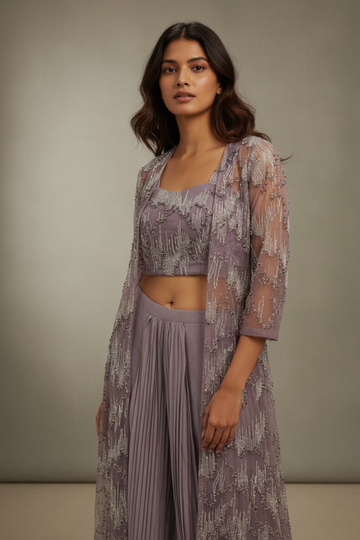 Mauve Net Readymade Suit With Dhoti Skirt & Shrug