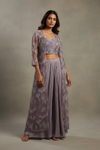 Mauve Net Readymade Suit With Dhoti Skirt & Shrug
