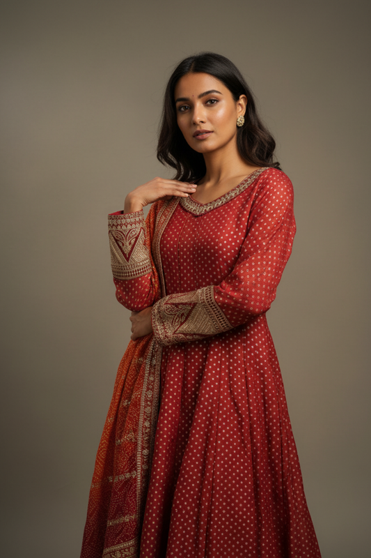 Dark Gajari Shimmer Floor Length Readymade Suit With Chinon Dupatta