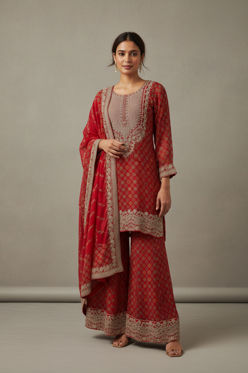 Rani Crepe Readymade Sharara Set With Crepe Dupatta