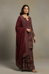 Garnet Crepe Readymade Suit And Sharara With Crepe Dupatta