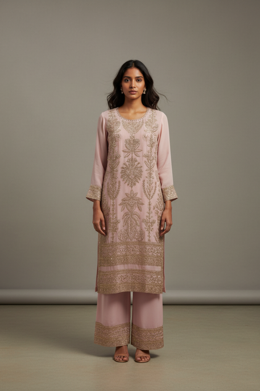 Pink Georgette Readymade Suit & Palazzo Pant With Georgette Dupatta