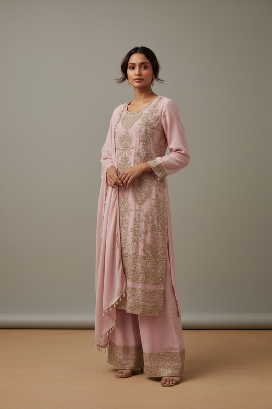 Pink Georgette Readymade Suit & Palazzo Pant With Georgette Dupatta