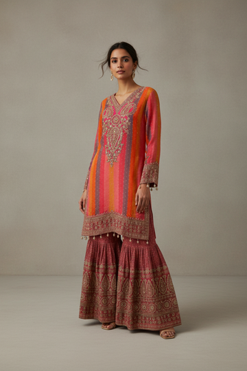Rani Crepe Readymade Sharara Set With Crepe Dupatta