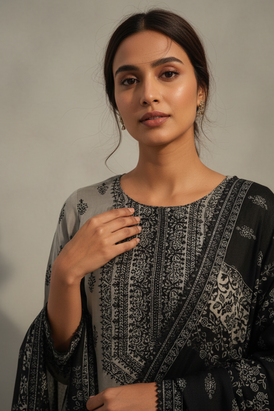 Grey Crepe Readymade Sharara Set With Crepe Dupatta