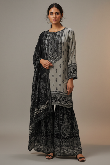 Grey Crepe Readymade Sharara Set With Crepe Dupatta