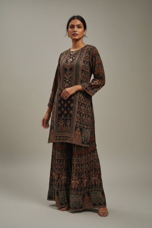 Matelic Grey Crepe Readymade Sharara Set With Crepe Dupatta