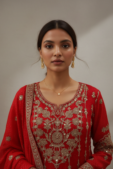 Red Organza Readymade Suit And Sharara With Organza Dupatta